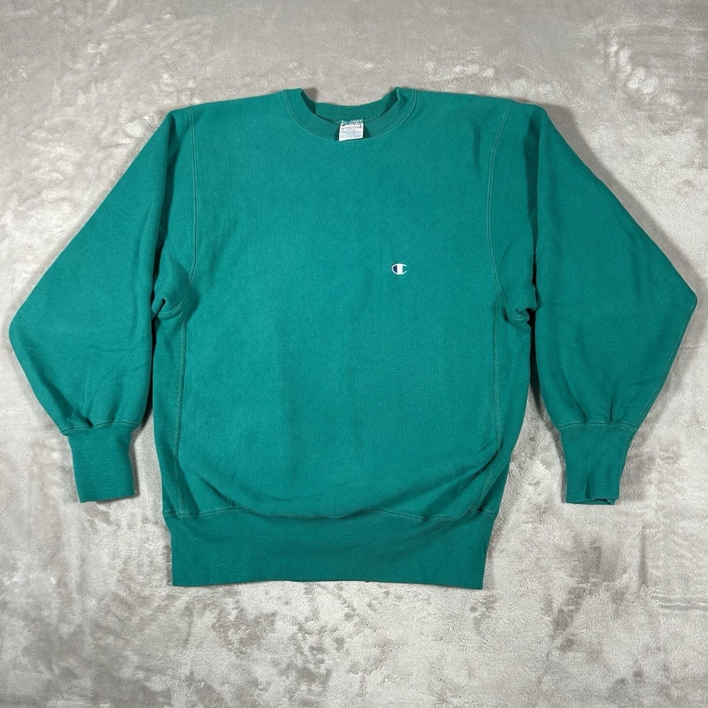 Vtg 90s Champion Reverse Weave Large Crewneck Pullover Sweatshirt Aqua Made USA
